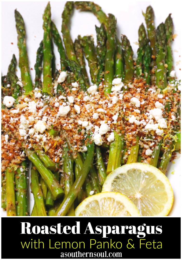 Roasted Asparagus topped with toasted Panko Breadcrumbs, Lemon and Feta cheese is a flavorful side dish that easy to make!