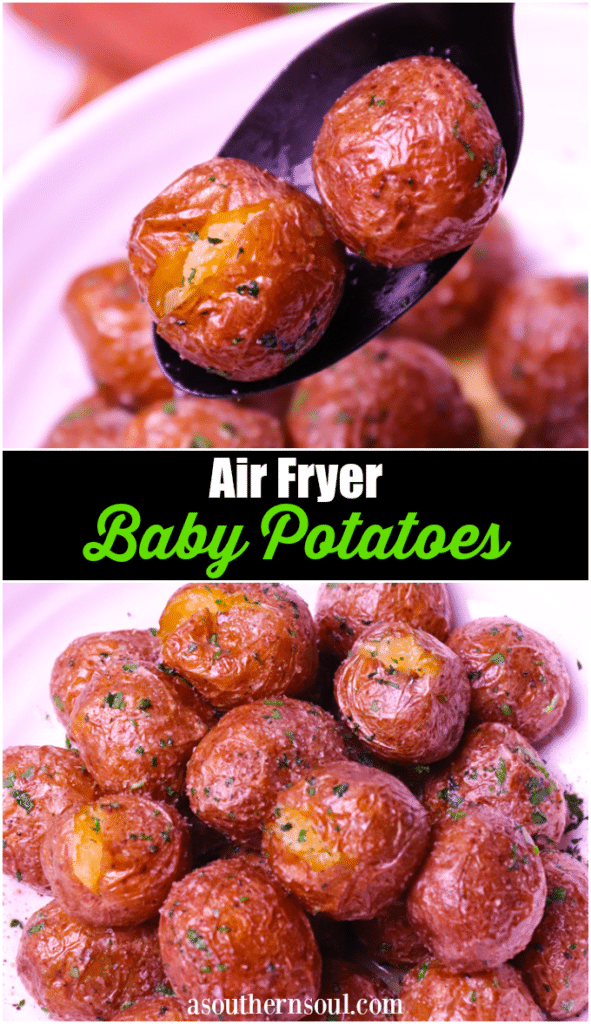 Air Fryer Baby Potatoes are tossed in butter, salt, pepper and parsley for a side dish that's irresistible. Crispy on the outside and soft on the inside these easy to make potatoes are great served for breakfast, lunch or dinner!