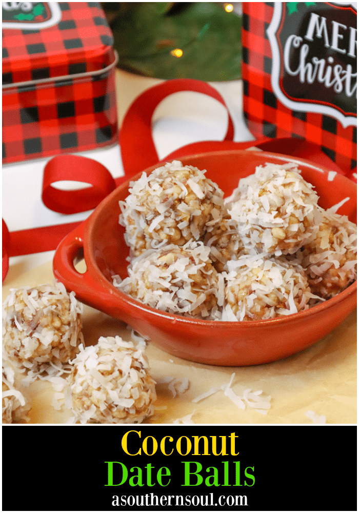 Coconut Date Balls with gift tins are the perfect Christmas treat for friends. A no-bake, easy recipe made with butter, dates, pecans, rice cereal and coconut. This healthy cookie is always a favorite at the holidays.