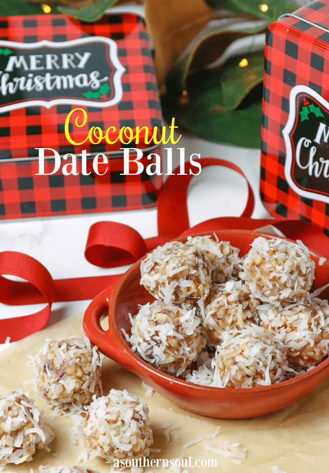 Coconut Date Balls with gift tins are the perfect Christmas treat for friends. A no-bake, easy recipe made with butter, dates, pecans, rice cereal and coconut. This healthy cookie is always a favorite at the holidays.
