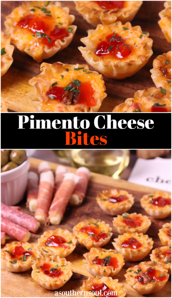 Crispy Phyllo cups filled with pimento cheese then topped with sweet, slightly spicy red pepper jelly makes for delicious appetizer for the holidays, game day or whenever you're entertaining!