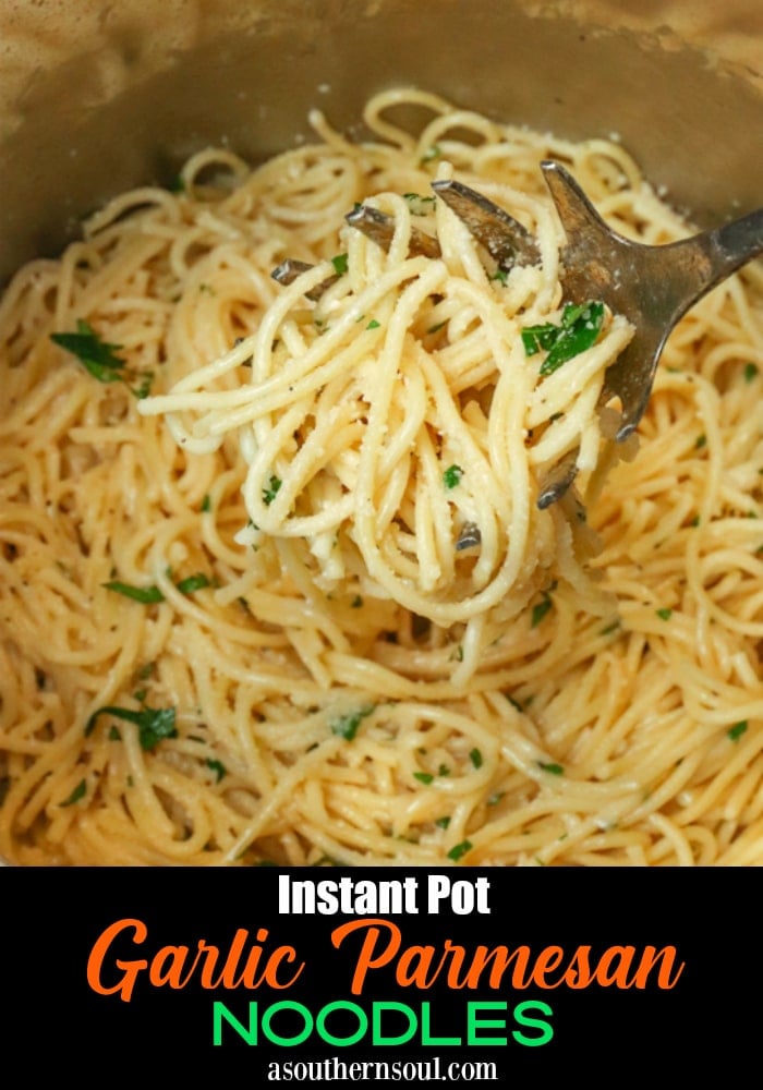 Instant Pot Garlic Parmesan Noodles is comfort food made in 20 minutes. Made with butter, garlic, chicken stock, pasta, Parmesan salt and pepper, this easy recipe is perfect for a week night meal when you've got to get supper on the table in a hurry.