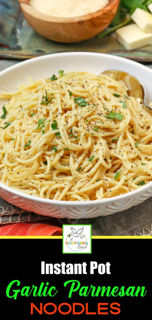 Instant Pot Garlic Parmesan Noodles is comfort food made in 20 minutes. Made with butter, garlic, chicken stock, pasta, Parmesan salt and pepper, this easy recipe is perfect for a week night meal when you've got to get supper on the table in a hurry.