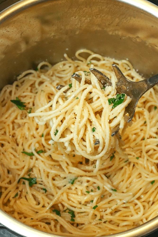 Instant Pot Garlic Parmesan Noodles is comfort food made in 20 minutes. Made with butter, garlic, chicken stock, pasta, Parmesan salt and pepper, this easy recipe is perfect for a week night meal when you've got to get supper on the table in a hurry.