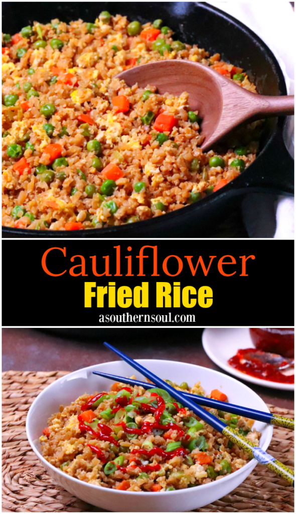 Cauliflower Fried Rice is a low carb version of your favorite Chinese take out dish. Made with cauliflower, eggs, carrots, and peas, it's seasoned with soy sauce and garlic all ready in less than 20 minutes!