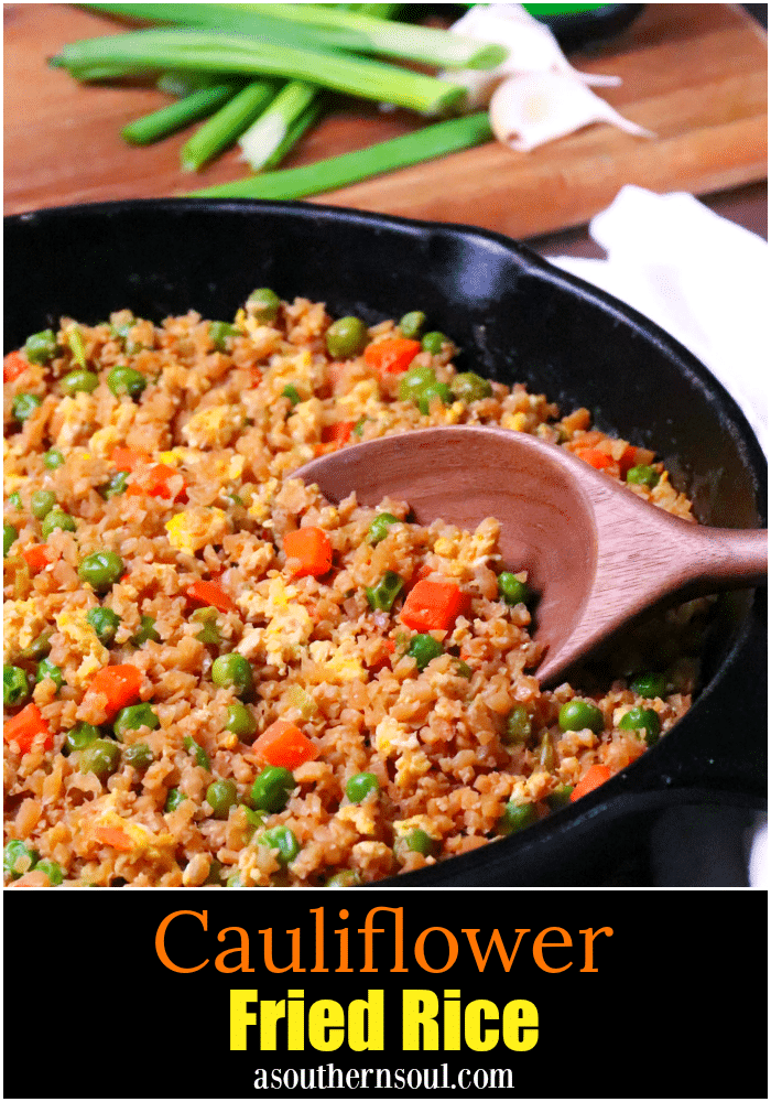 Cauliflower Fried Rice is a low carb version of your favorite Chinese take out dish. Made with cauliflower, eggs, carrots, and peas, it's seasoned with soy sauce and garlic all ready in less than 20 minutes!