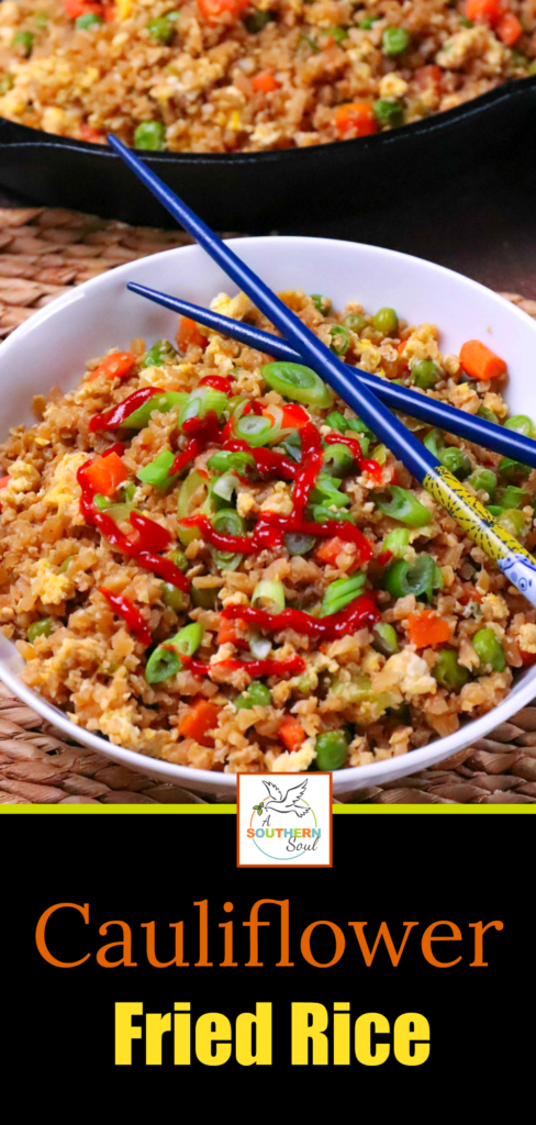 Cauliflower Fried Rice is a low carb version of your favorite Chinese take out dish. Made with cauliflower, eggs, carrots, and peas, it's seasoned with soy sauce and garlic all ready in less than 20 minutes!