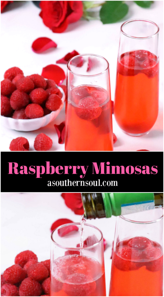 Raspberry Mimosas made with fresh berries, raspberry sorbet, grenadine and prosecco made a festive drink for any occasion!
