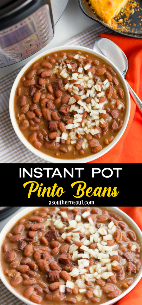 Instant Pot Pinto Beans are so easy to make! Seasoned with ham, onion and garlic then cooked in vegetable stock, this no-soak recipe is great as a main or side dish.