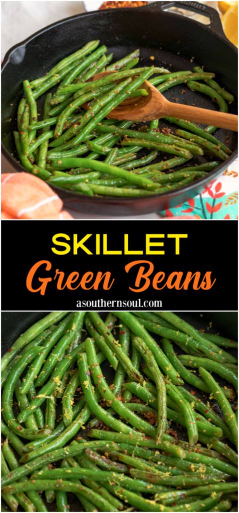 Skillet Green Beans made with garlic, lemon and red pepper is the ideal side dish for any meal! Simple and ready in 15 minutes!