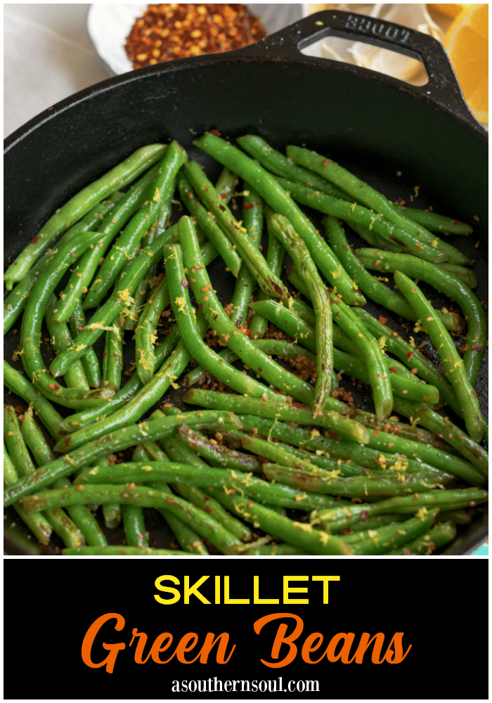 Skillet Green Beans made with garlic, lemon and red pepper is the ideal side dish for any meal! Simple and ready in 15 minutes!