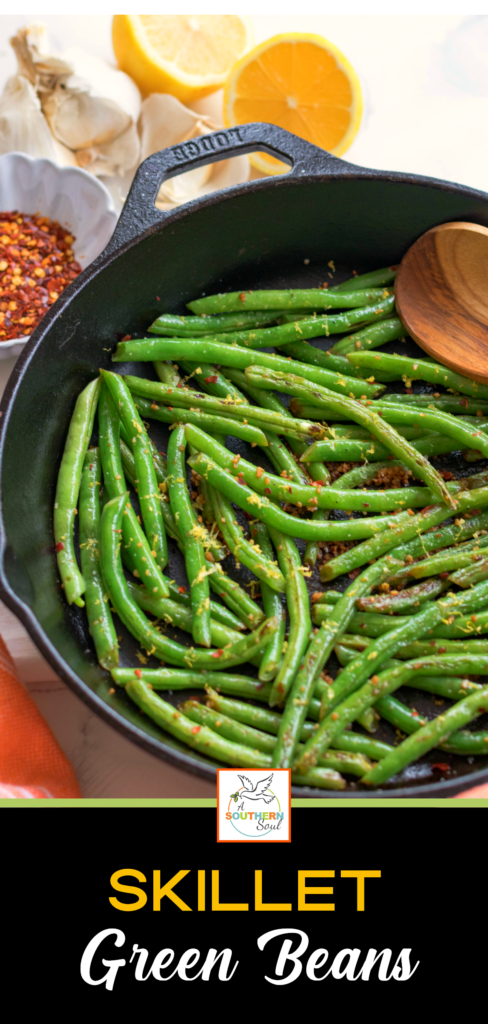 Skillet Green Beans made with garlic, lemon and red pepper is the ideal side dish for any meal! Simple and ready in 15 minutes!