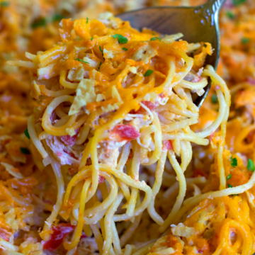 A delicious, easy to make casserole with spaghetti, chicken, Rotel tomatoes and chilie, cream cheese, sour cream and cheddar cheese. A great dish for potlucks, covered dish suppers or when you're feeding a crowd!