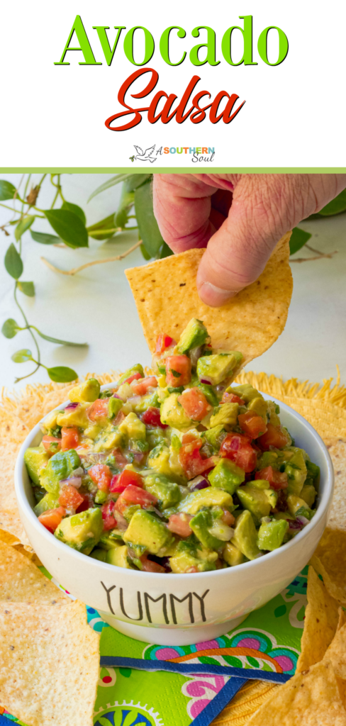 Avocado Salsa made with fresh avocado, tomatoes, jalapenos, red onion then tossed in a light dressing of lime, olive oil, garlic powder, salt and pepper. This is the perfect dip to serve at your next party and it's also delicious served with fish or chicken.