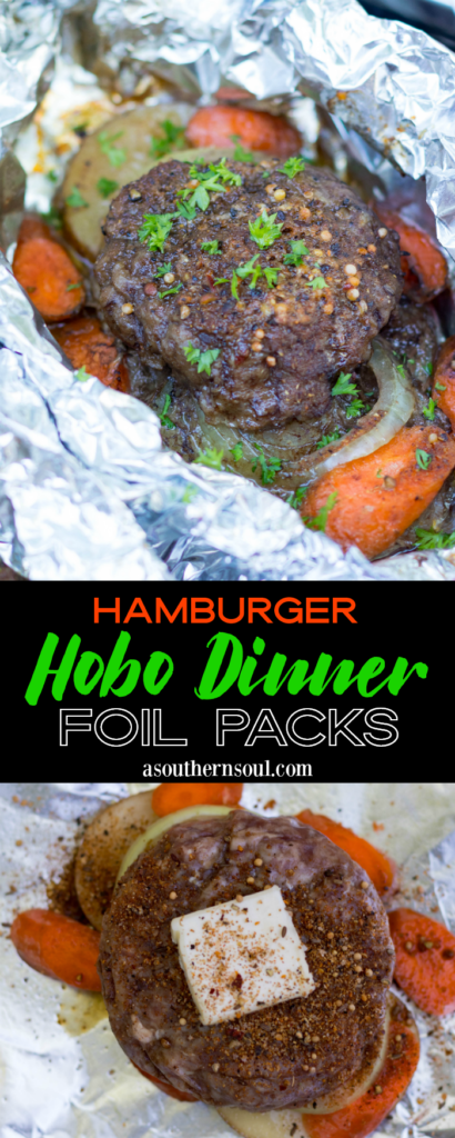 Hobo Dinner Foil Packs are made with ground beef, sliced potatoes, carrots and onions seasoned with butter and Montreal Steak Seasoning. They can be cooked on the grill, over a camp fire or in the oven.