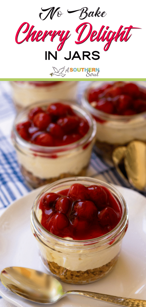 No Bake Cherry Delight In Jars is a yummy, easy to make dessert. A crust made with crushed graham crackers, butter and sugar is layered into small jars then topped with a mixture of cream cheese, powdered sugar and fresh whipped cream all topped with cherry pie filling.