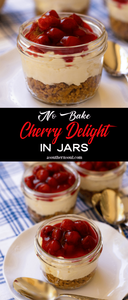No Bake Cherry Delight In Jars is a yummy, easy to make dessert. A crust made with crushed graham crackers, butter and sugar is layered into small jars then topped with a mixture of cream cheese, powdered sugar and fresh whipped cream all topped with cherry pie filling.