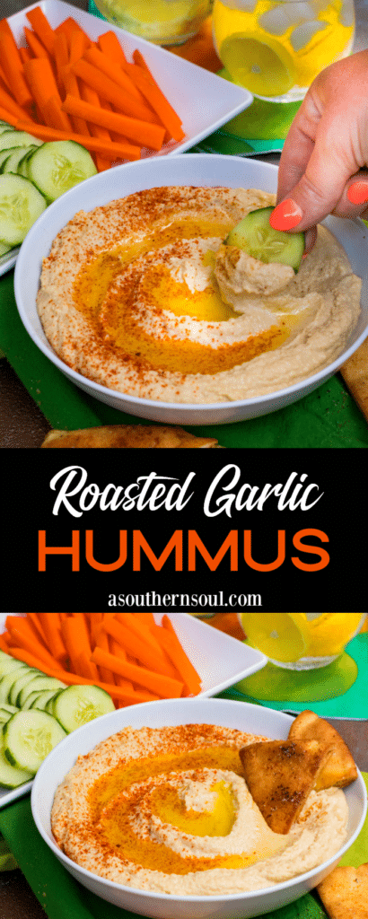 Roasted Garlic Hummus is so delicious and easy to make. Made with olive oil, roasted garlic cloves, chickpeas, lemon juice, tahini, salt and red pepper flakes that are blended together until silky smooth.