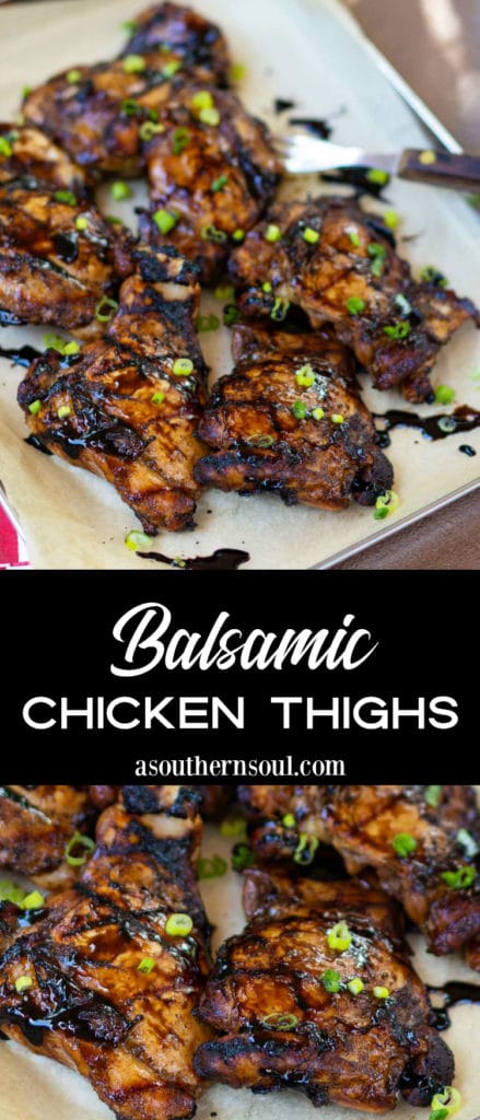 Tender, juicy chicken marinated in balsamic, honey, garlic, olive oil fresh thyme and rosemary is an easy recipe to make on the grill or in the oven. Perfect for a weeknight meal or a lazy Sunday supper.