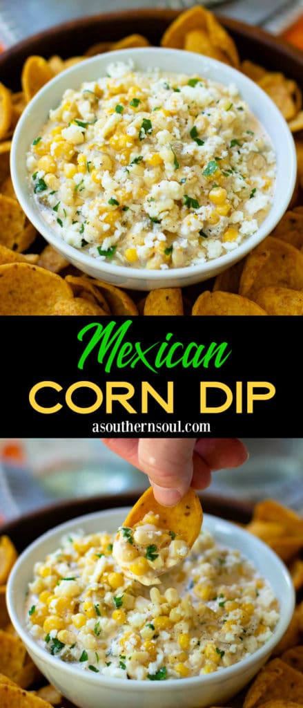 Mexican Corn Dip made with white and yellow corn, mayonnaise, sour cream, cojita cheese, canned green chilies, chicli powder, garlic, salt and cilanto. A yummy, easy to make appetizer servd with corn chips or tortillas.