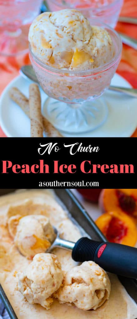No Churn Peach Ice Cream made with fresh chopped peaches, whipped heavy cream, condensed milk, vanilla and a pinch of salt is delicious! It's sweet, creamy and no ice cream maker is required.