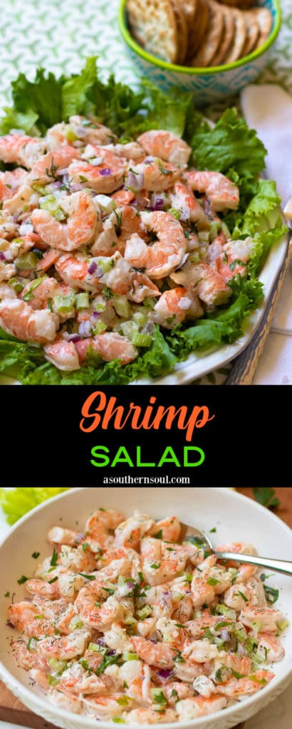 Shrimp Salad made with cooked shrimp, celery, red onion with fresh dill and parsley tossed in a lemony mayonnaise dressing is so easy to make. This cool and refreshing salad is pefect as an appetizer, lunch or even a main dish at supper.