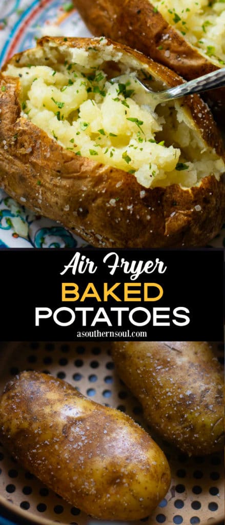 Baked Potatoes made in the Air Fryer are tender and fully on the outside with a crispy skin that makes them irresistible. Easy to make, just add your favorite toppings like butter, chives, sour cream, salt and pepper.