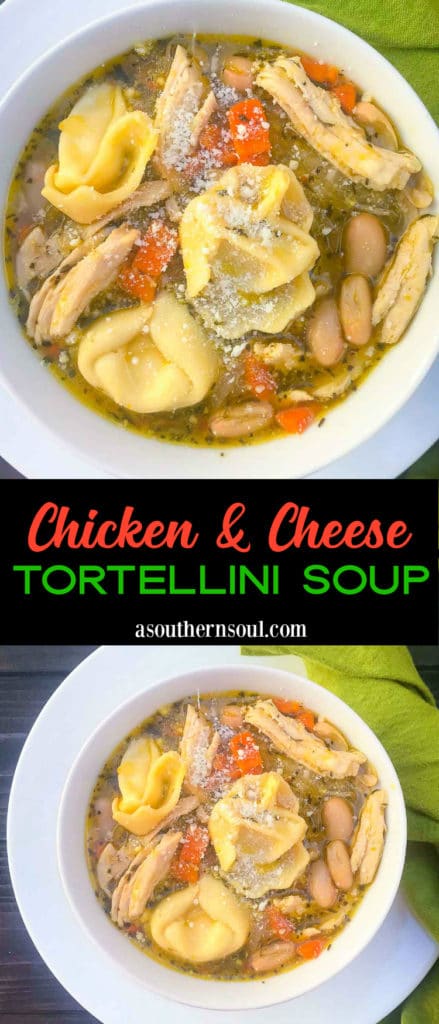 Pinterest pin for Chicken and Cheese Tortellini Soup