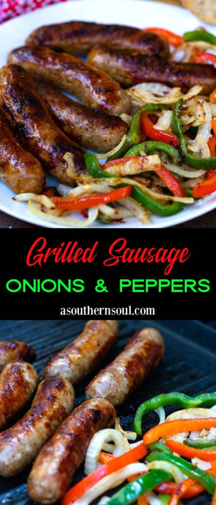 This classic combination of Grilled Sausage, Peppers and Onions is totally easy to make and delicious. Made with mild Italian sausage, sliced red and green bell pepper and yellow onions seasoned with salt and pepper and cooked on the grill.