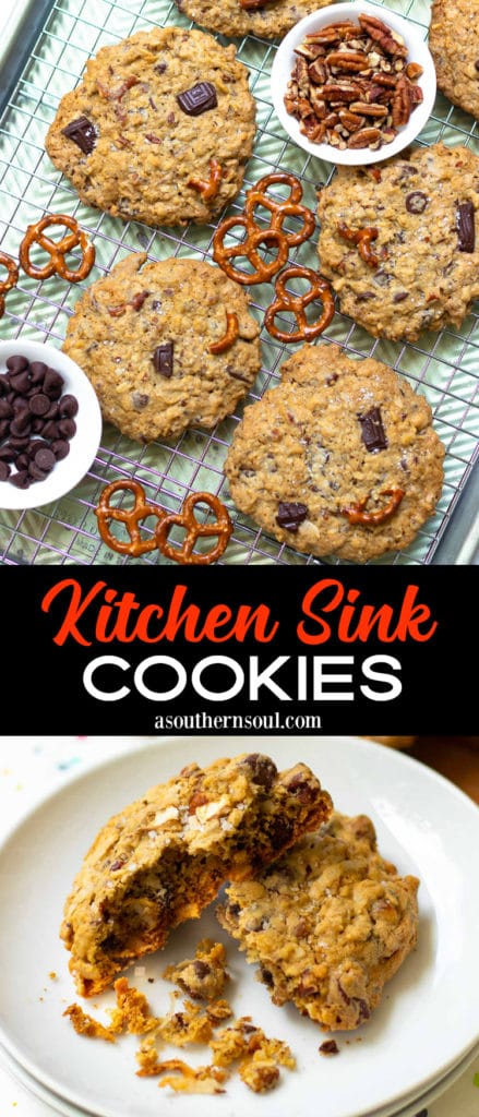 Kitchen Sink Cookies are loaded with sweet, savory and salty goodness! Made with butter, sugar, flour, oats, dark chocolate, chocolate chips, coconut, pecans and pretzels. This is one cookie that that has something for everyone!
