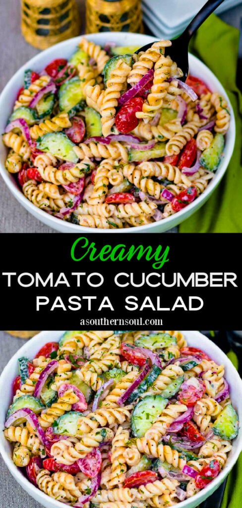 Creamy Tomato Cucumber Pasta Salad made with a simple dressing with fresh herbs and red onions.
