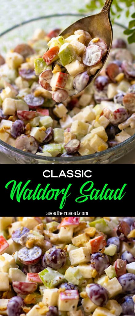 Waldorf Salad is a classic recipe that's great served any time of the year. Made with red and green apples, red seedless grapes, celery and walnuts. They are all tossed in a dressing of mayonnaise, sour cream, sugar and lemon juice.