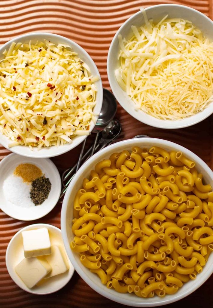 Cheese, pasta and butter for Instant Pot Pepper Jack Mac and Cheese.