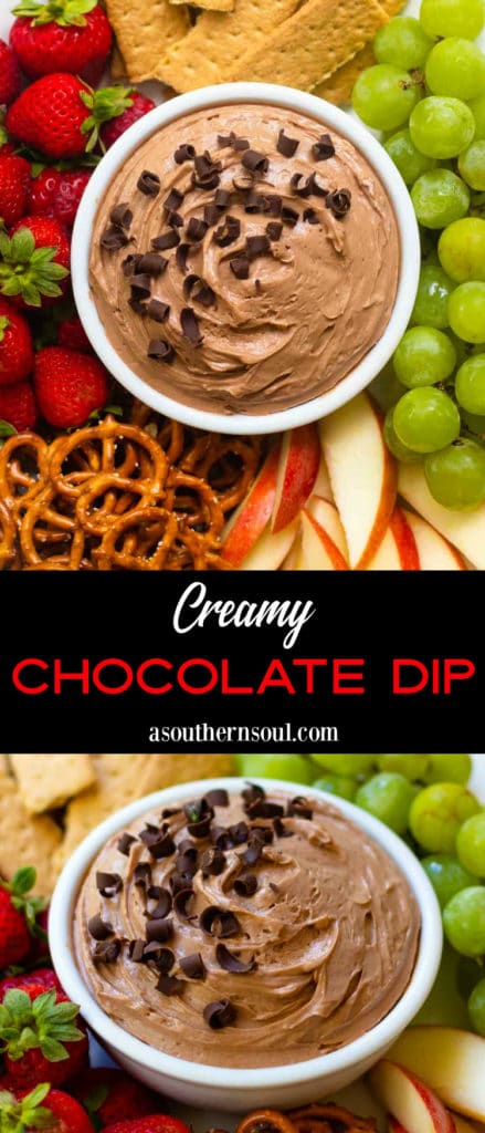 Chocolate Dip in bowl with fruit-collage created for Pinterest.