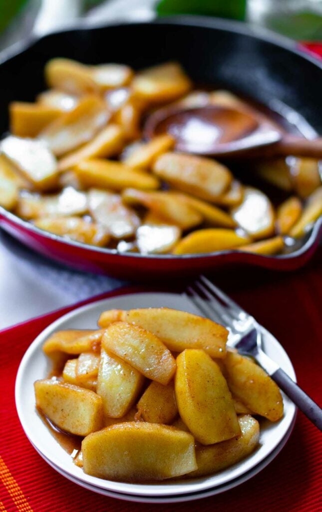 Apples cooked in a cast iron skillet with brown sugar, butter and cinnamon.