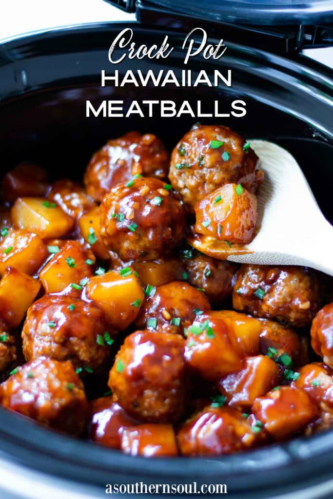 Crock Pot Hawaiian Meatballs on spoon with pineapple text overlay for post.