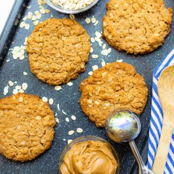 Peanut Butter Oatmeal Cookies on a pan are baked to perfection!