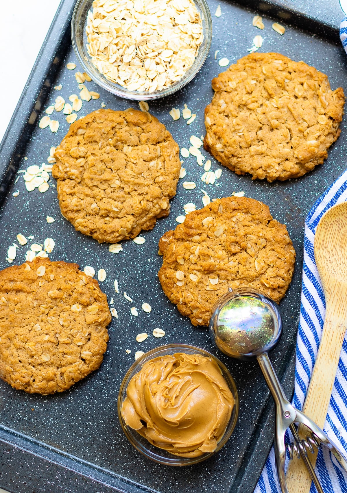 Peanut Butter Oatmeal Cookies on a pan are baked to perfection!
