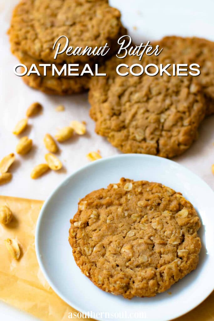 Peanut Butter Oatmeal Cookies are loaded with yummy goodness served on a plate with a glass of milk for the perfect afternoon treat.