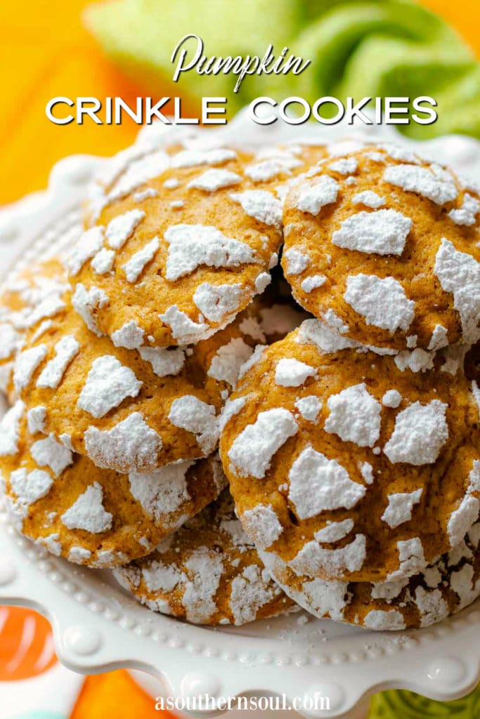 Pumpkin Crinkle Cookies on platter inage for Pinterest.