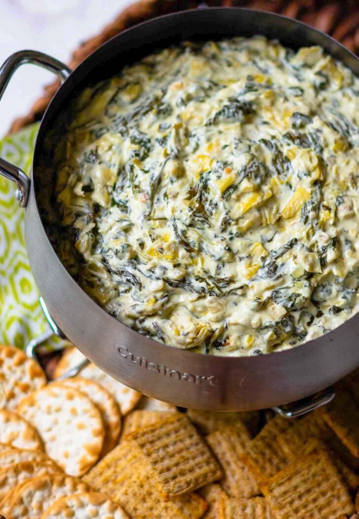 Warm dip made with spinach and artichokes.