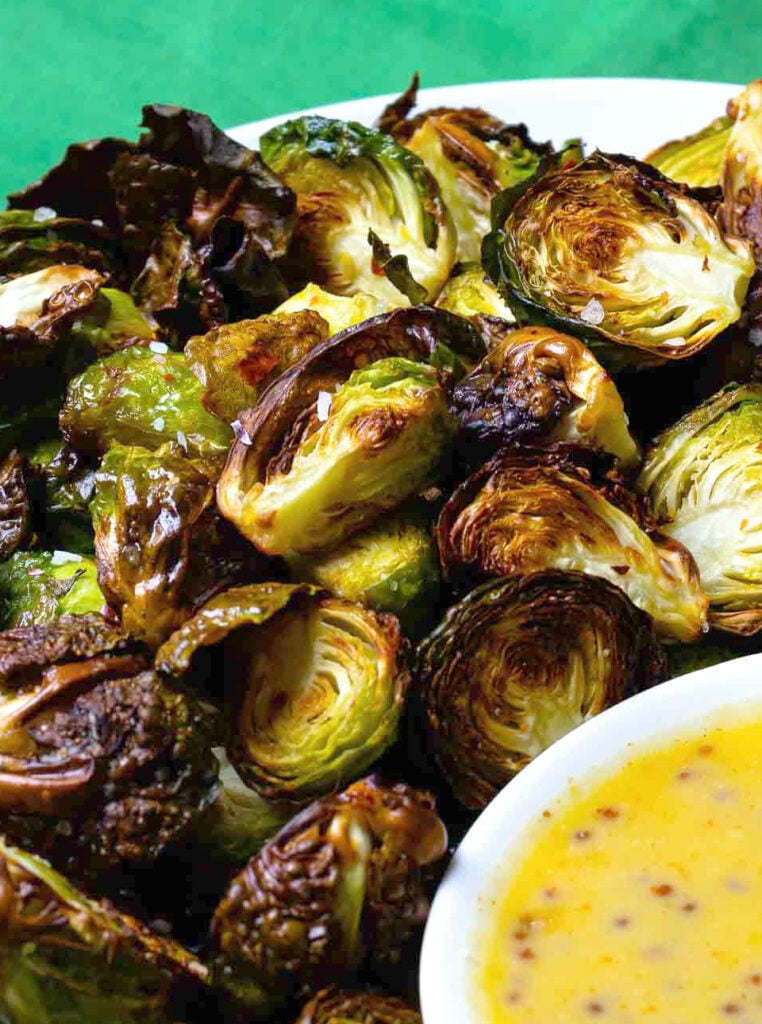 Brown, crunchy air fryed brussel sprouts served with honey mustard dipping sauce.