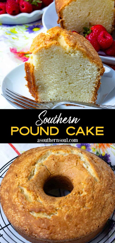 Two images of Southern Pound Cake to share with Pinterest and social media.