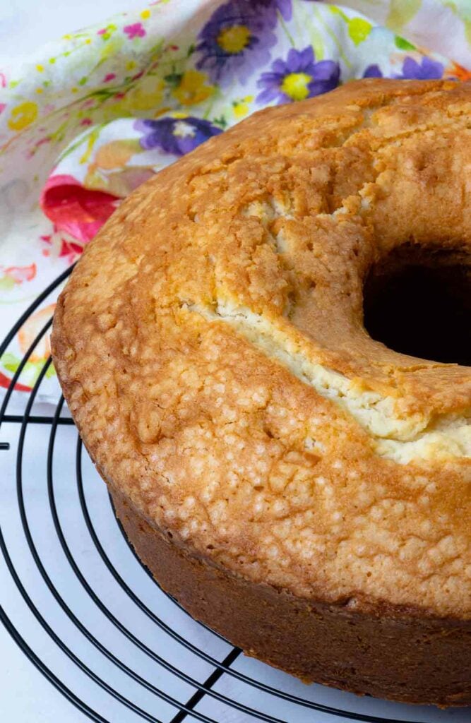 Southern Pound Cake on cooking rake cooked golden brown with a tender crust.