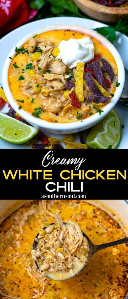 Creamy White Chicken Chili 2 image graphic for Pinterest.