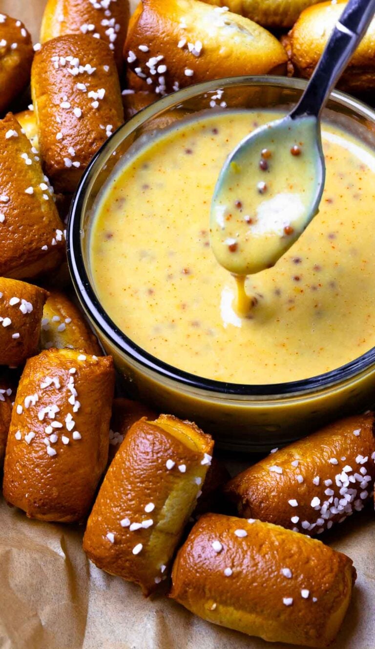 Honey Mustard Sauce drizzled on pretzel bites makes a yummy after school tread and is perfect for game day.
