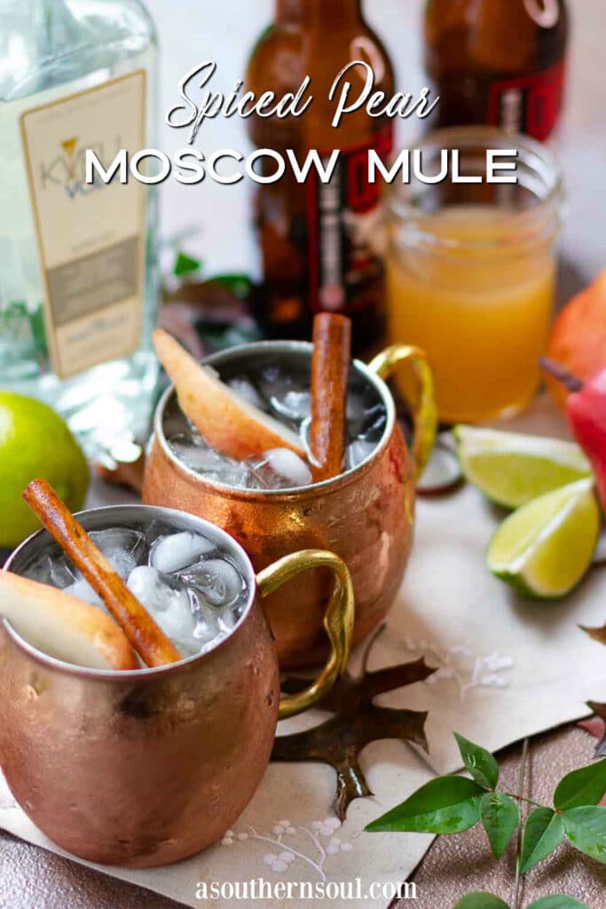 Spiced Pear Moscow Mule photo with text overlay for Pinterest.
