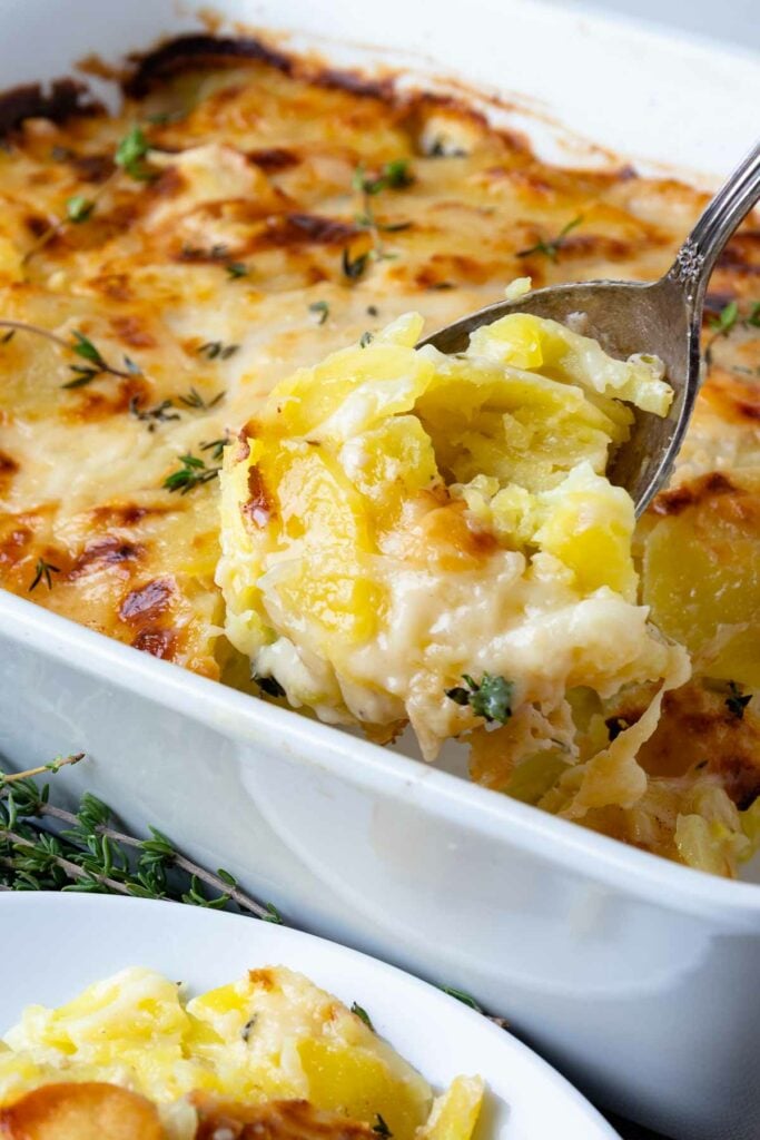 Beautifully golden and perfectly cooked Scalloped Potatoes in a casserole dish.