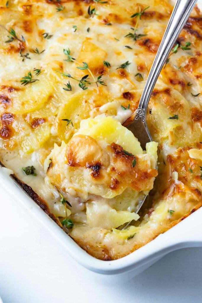 Scalloped Potatoes scooped with a spoon are beautifully cooked and delicious.