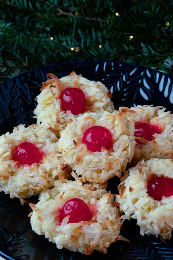6 Ambrosia Cookies on a plate for Christmas dessert.